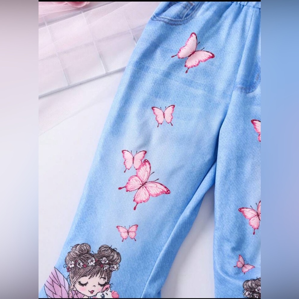 BNIB Young Girls Cartoon Girl Butterfly Print Bell Bottom Indigo Jeans Pants 6 Y - Picture 4 of 15